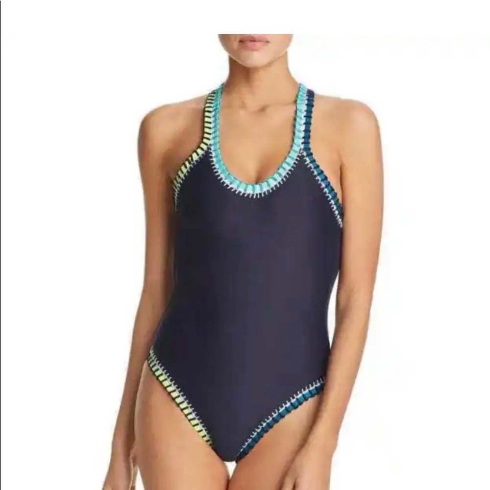 Platinum Inspired by Solange Ferrarini Stitched Ribbed One Piece Swimsuit Navy M